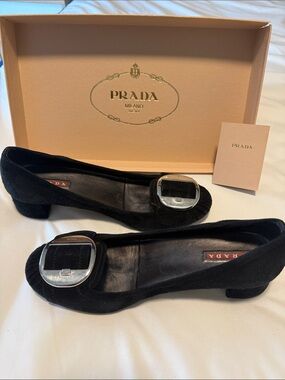 Prada Black Suede Ballet Flats with Silver Buckle Detail sold w/ box SZ 37/US7